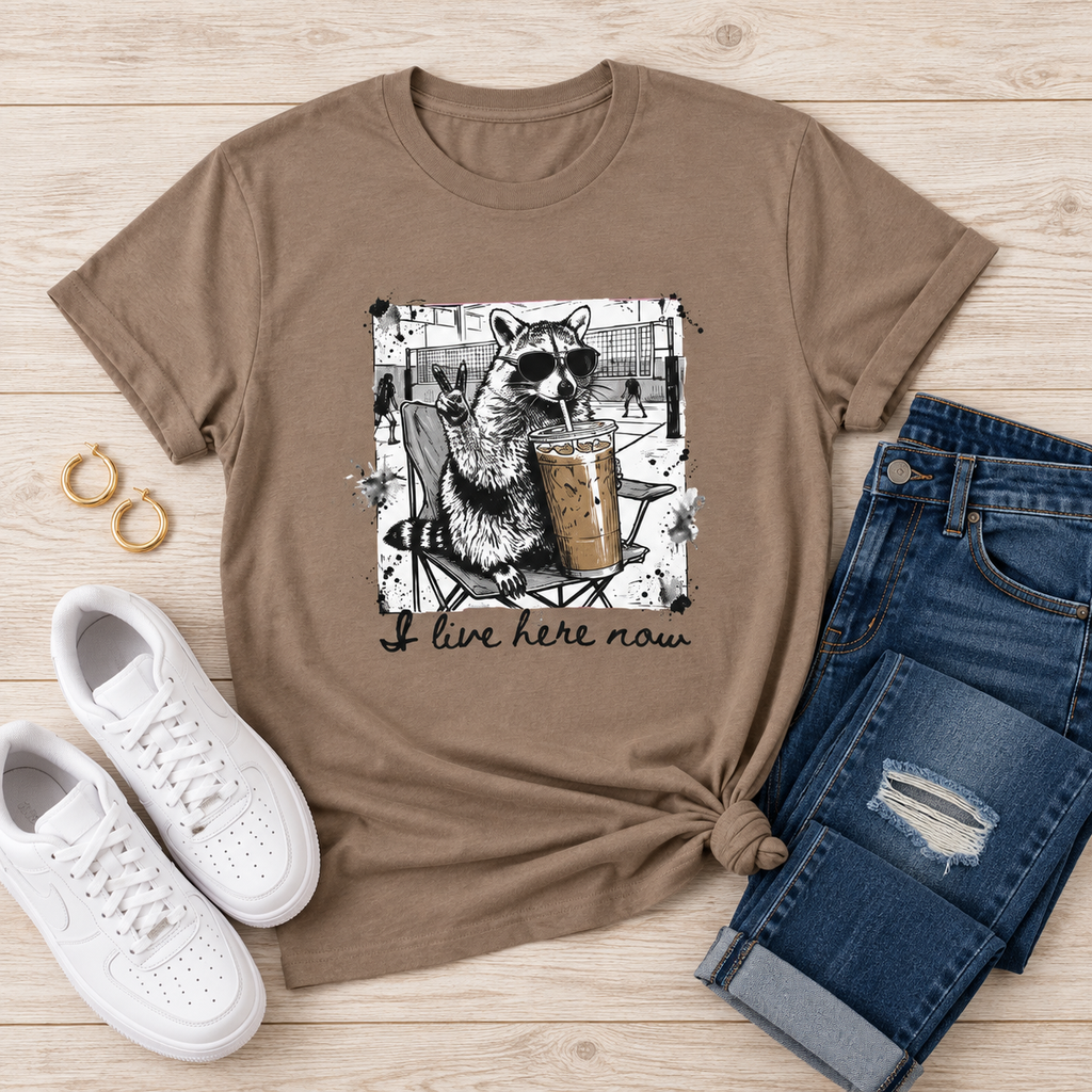 I Live Here Now Volleyball Raccoon Tee – Comfort Colors Espresso