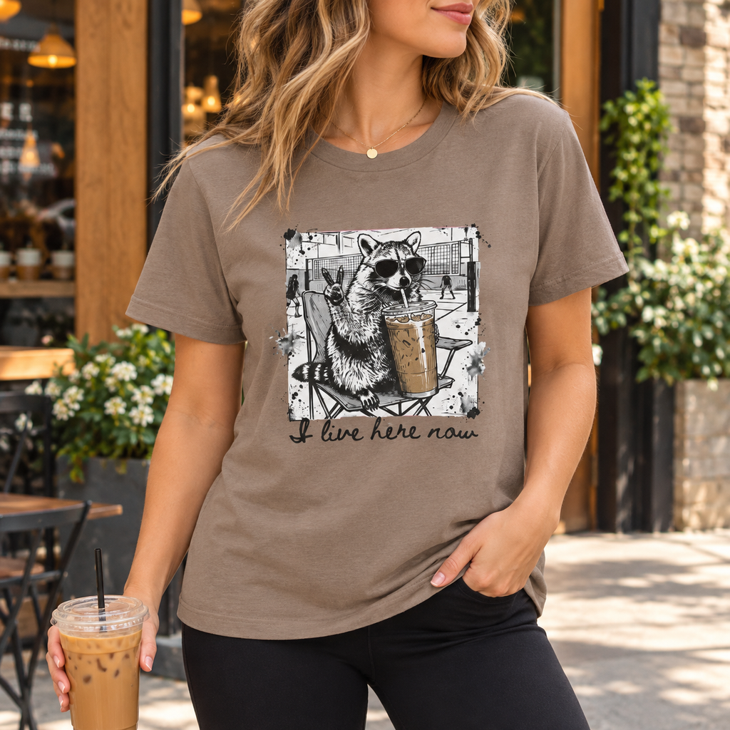 I Live Here Now Volleyball Raccoon Tee – Comfort Colors Espresso